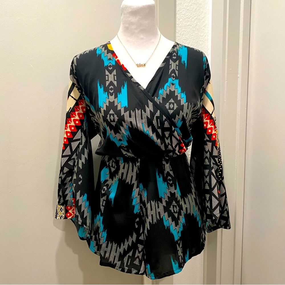 Elan Navy Blue Multicolored Aztec Tribal Patterned Romper Swimsuit Cover-Up - S